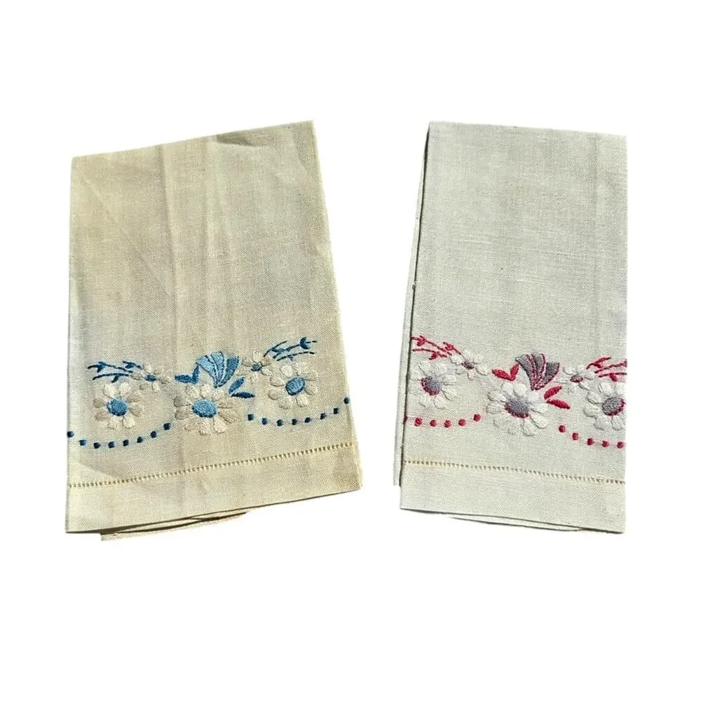 Fine Irish Linen Fingertip Towels Embroidered Daisies Pink Blue Gray Cottage